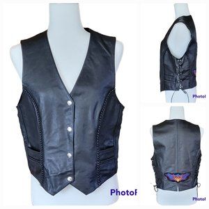 100% Leather Black Moto Biker Vest with Side Lacing Sz Large NEW
